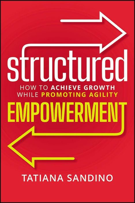 "Structured Empowerment: How to achieve growth while promoting agility." Text in weiß und gelb auf rotem Hintergrund mit Pfeilen.