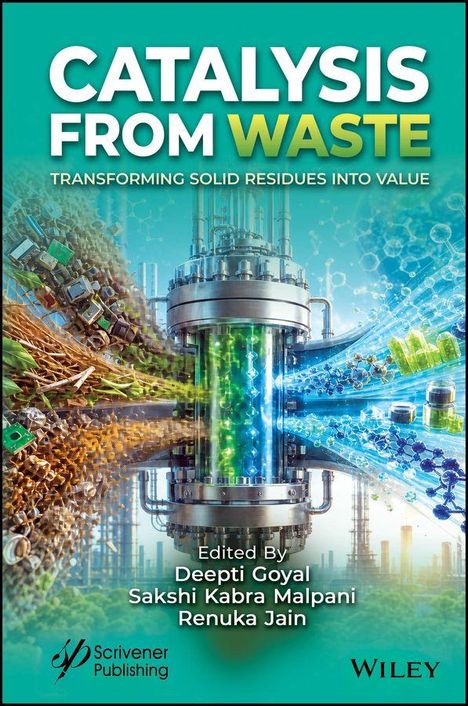 "Catalysis from Waste: Transforming Solid Residue into Value. Edited by Deepti Goyal, Sakshi Kabra Malpani, Renuka Jain." Eine industrielle Szene zeigt Umwandlung von Abfall zu Wertstoffen.
