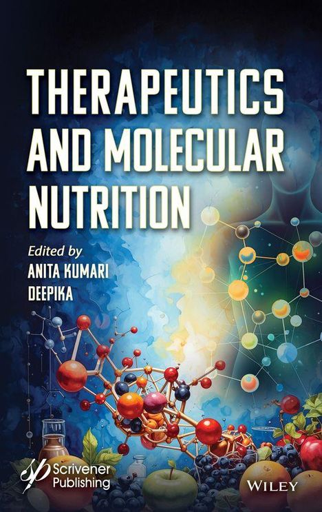 "THERAPEUTICS AND MOLECULAR NUTRITION," rote und orange Moleküle, Pflanzenblätter, blau und gelb hinterlegt.