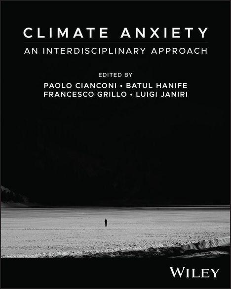 "CLIMATE ANXIETY: AN INTERDISCIPLINARY APPROACH" steht über einer einsamen Person im Schwarzweiß-Landschaftsmotiv.