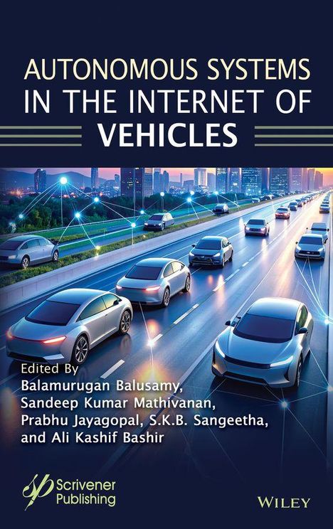 AUTONOMOUS SYSTEMS IN THE INTERNET OF VEHICLES, futuristische Autos auf einer Autobahn bei Nacht, verbunden durch digitale Linien.