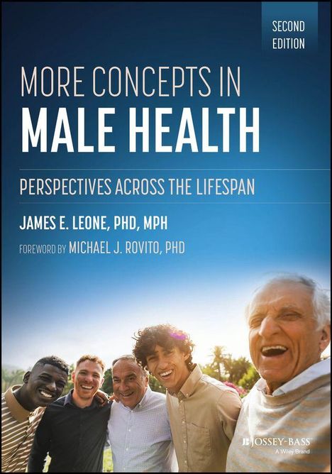 "More Concepts in Male Health" – Titel über strahlend lachenden Männern vor sonniger Landschaft.