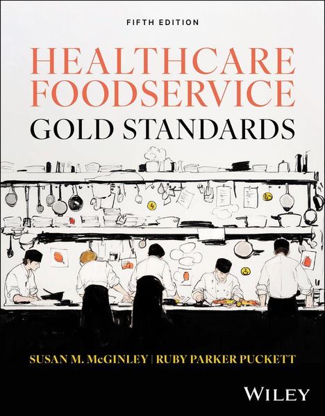 "Healthcare Foodservice Gold Standards" in orange und schwarz. Eine Illustration von vier Köchen in einer Küche.