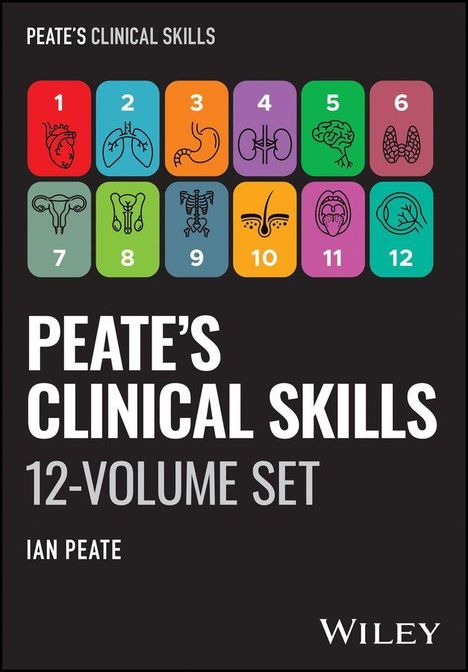 "PEATE'S CLINICAL SKILLS", "PEATE'S BODY SYSTEMS", "12-VOLUME SET", "IAN PEATE". Bunte Symbole für Körpersysteme.