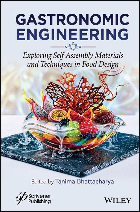 Titel: Gastronomic Engineering. Ein kunstvoll arrangiertes Gericht mit Früchten und filigranen Garnituren.