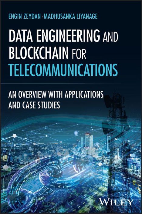 Text: "Data Engineering and Blockchain for Telecommunications." Stadtansicht bei Nacht mit Netzwerklinien und Antennenturm.