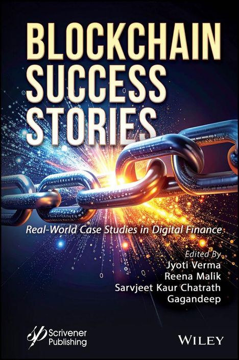 "BLOCKCHAIN SUCCESS STORIES" in großen Buchstaben, darunter Explosion und Ketten, thematisiert digitale Finanzgeschichten.