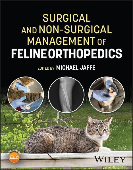 „Surgical and Non-Surgical Management of Feline Orthopedics“, bearbeitet von Michael Jaffe. Fotos von Tierpflege und Katze.