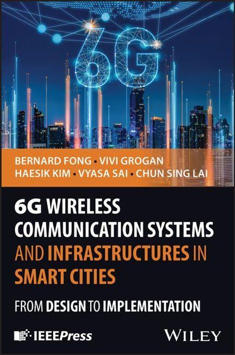 6G Wireless Communication Systems and Infrastructures in Smart Cities. Skyline mit leuchtenden Linien im Hintergrund.