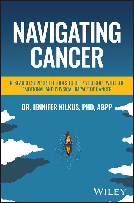 „Navigating Cancer“ – Dr. Jennifer Kilkus. Illustration: Person paddelt im Kanu zwischen Wolken.
