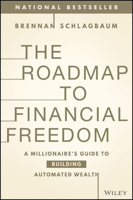 Text: "NATIONAL BESTSELLER", "BRENNAN SCHLAGBAUM", "THE ROADMAP TO FINANCIAL FREEDOM", "A MILLIONAIRE’S GUIDE TO BUILDING AUTOMATED WEALTH", "WILEY". Beige Hintergrund.