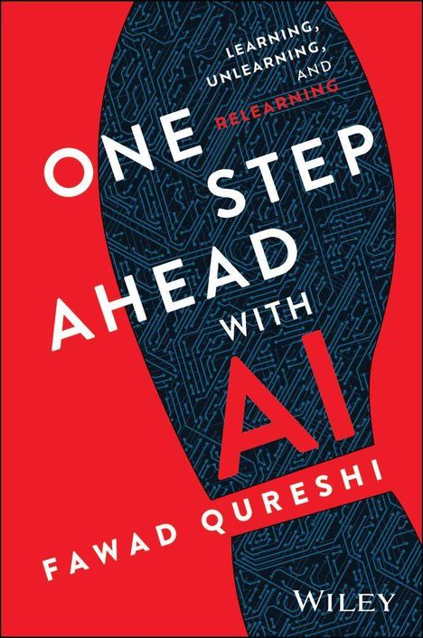 "One Step Ahead with AI" von Fawad Qureshi. Roter und blauer Hintergrund mit Schaltkreismuster. Logo von Wiley.