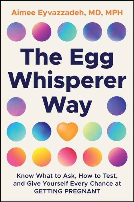Text: "Aimee Eyvazzadeh, MD, MPH", "The Egg Whisperer Way", "Know What to Ask, How to Test, and Give Yourself Every Chance at Getting Pregnant". Bunte Punkte.