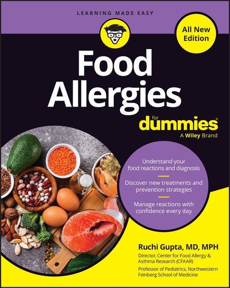 Text: "Food Allergies for dummies", "All New Edition", "Understand your food reactions and diagnosis". Lebensmittel wie Lachs und Avocado.
