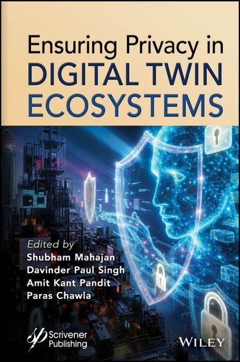"Ensuring Privacy in DIGITAL TWIN ECOSYSTEMS." Illustration: Mensch mit digitalem Schild und Schloss, Stadt im Hintergrund.