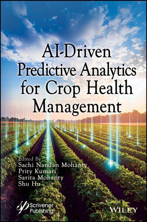 "AI-Driven Predictive Analytics for Crop Health Management" steht über einem Feld mit digitalem Netzwerk-Overlay.