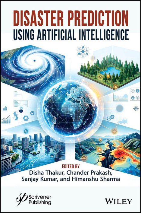 Großer Text oben: "DISASTER PREDICTION USING ARTIFICIAL INTELLIGENCE". Illustration von Naturkatastrophen und Technik.