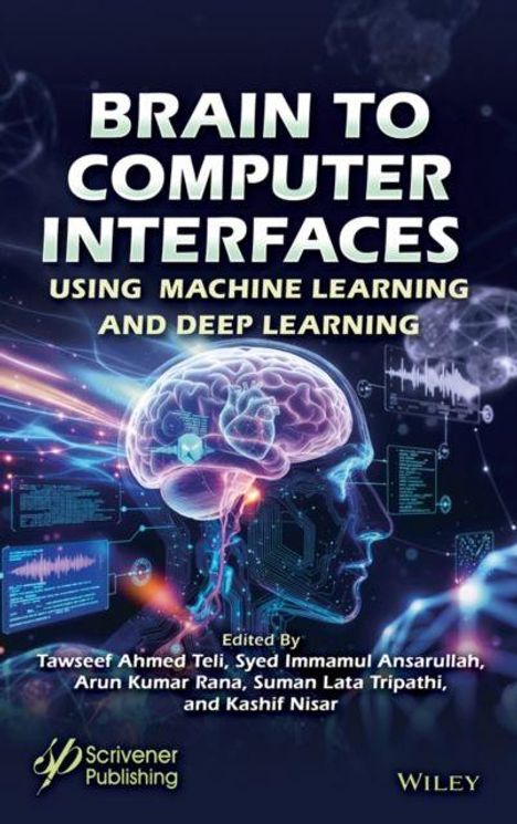 Text: "Brain to Computer Interfaces Using Machine Learning and Deep Learning." Ein menschliches Gehirn mit digitalen Verbindungen.