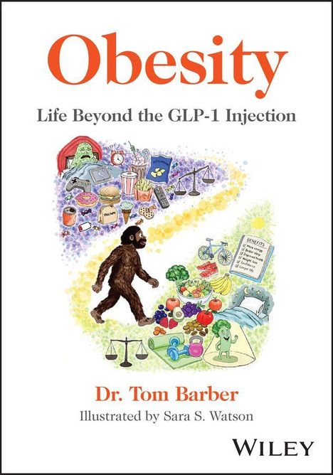 "Obesity: Life Beyond the GLP-1 Injection." Illustration von Lebensmitteln, Waagen, einem Urmenschen und gesunden Aktivitätssymbolen.
