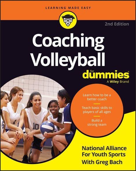 Der Text beschreibt ein Buchcover: "Coaching Volleyball for Dummies", 2. Auflage. Bild: Frauen in Volleyballkleidung.