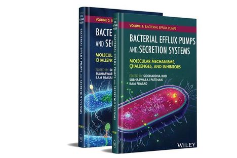 Titel: "Bacterial Efflux Pumps and Secretion Systems". Buchcover mit Illustrationen von Bakterien und Zellstrukturen.