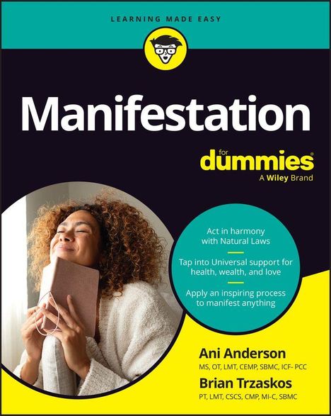 Manifestation for Dummies von Ani Anderson und Brian Trzaskos. Fröhliche Person mit geschlossenen Augen hält ein Buch.