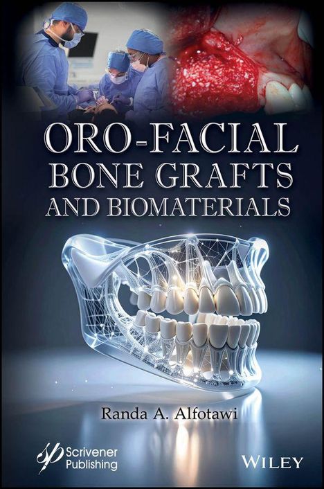 "ORO-FACIAL BONE GRAFTS AND BIOMATERIALS." Illustration eines transparenten Schädels mit Zähnen und Zahnärzten bei der Arbeit.