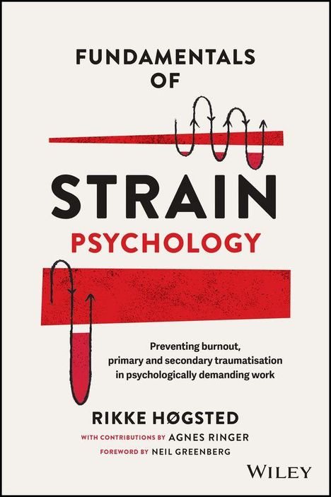 "Fundamentals of Strain Psychology" mit dem Namen Rikke Høgsted. Illustration mit roten Streifen und Pfeilen.