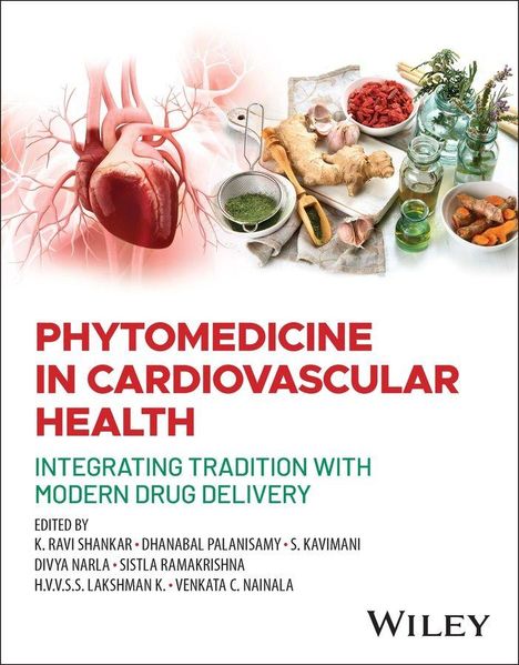 "Phytomedicine in Cardiovascular Health", rote und grüne Schrift, Herz, Kräuter und Gewürze auf einem Tisch arrangiert.