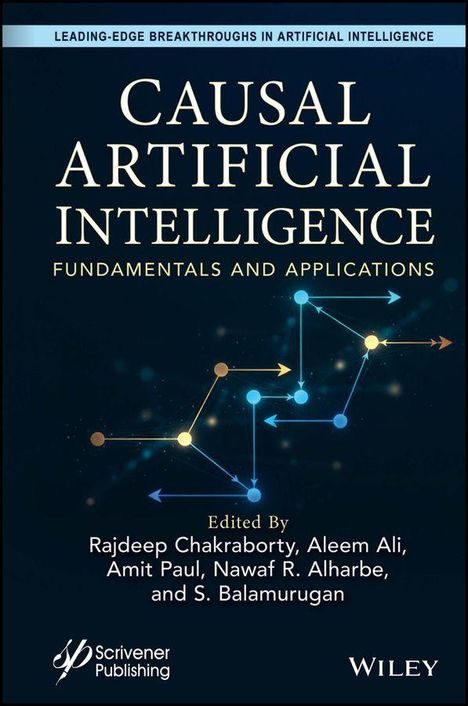"Causal Artificial Intelligence: Fundamentals and Applications" in großer Schrift. Diagramm mit Verbindungspfeilen und Punkten.
