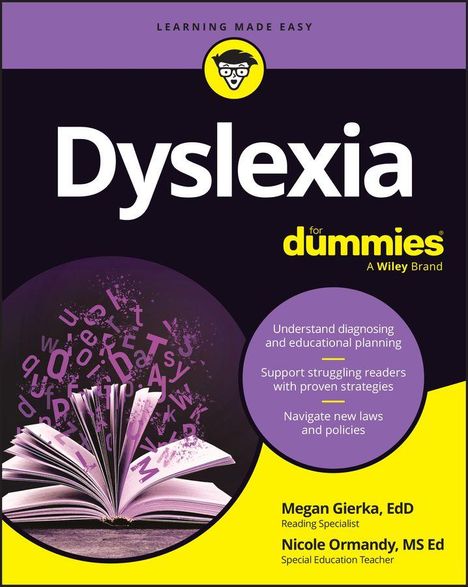 "Dyslexia for dummies" oben; Kreis-Logo, Buch mit fliegenden Buchstaben; Namen: Megan Gierka, Nicole Ormandy.