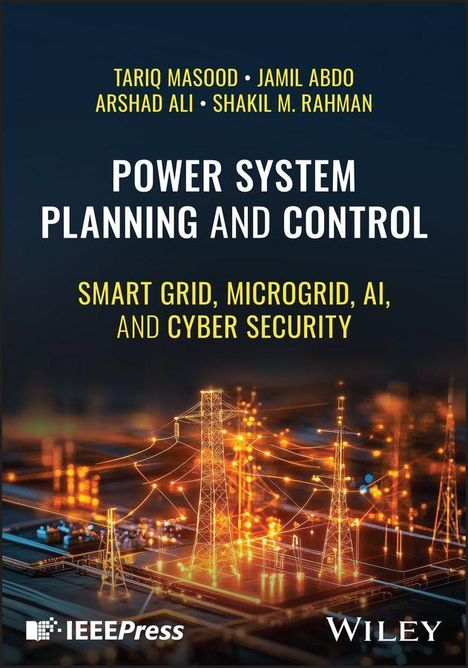 Titel: "Power System Planning and Control". Thema: Smart Grid-Technologien. Hintergrund: Illustration von Stromleitungen.