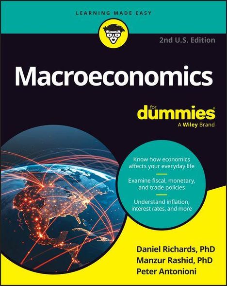"Macroeconomics for Dummies, 2nd U.S. Edition." Globale Vernetzung auf dunklem Hintergrund; Autoren: Richards, Rashid, Antonioni.