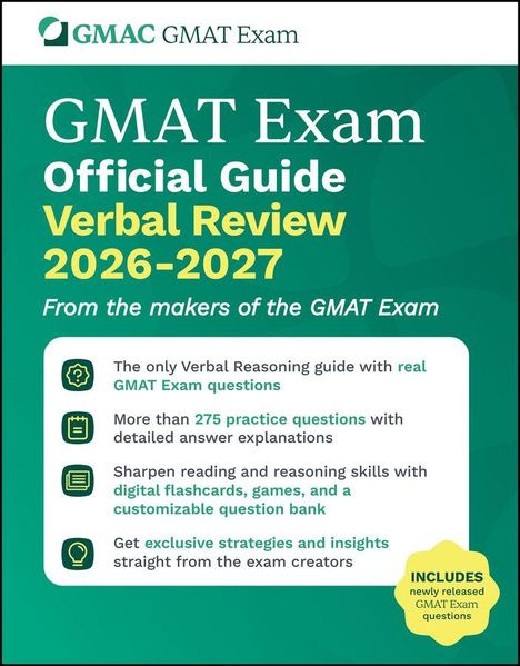 „GMAT Exam Official Guide Verbal Review 2026-2027“ steht oben. Enthält Infos und Vorteile des Guides.