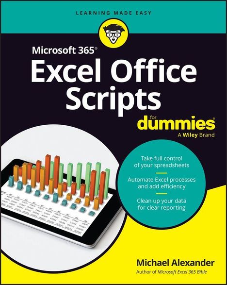 Buchcover: "Microsoft 365 Excel Office Scripts for dummies". Grafik: Tablet mit buntem 3D-Balkendiagramm.
