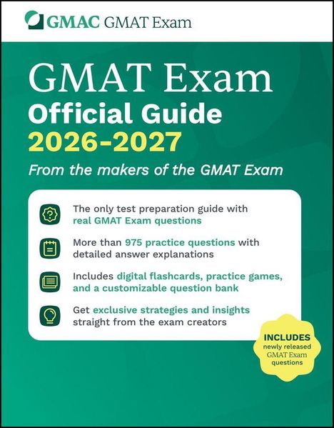 Ein grünes Poster mit Text: "GMAT Exam Official Guide 2026-2027". Enthält Infos zu Übungsfragen und exklusiven Strategien.