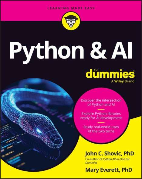 „Python & AI for dummies“. Logo: Cartoon-Kopf mit Brille. Holografische Schlange umgibt digitalen Text.