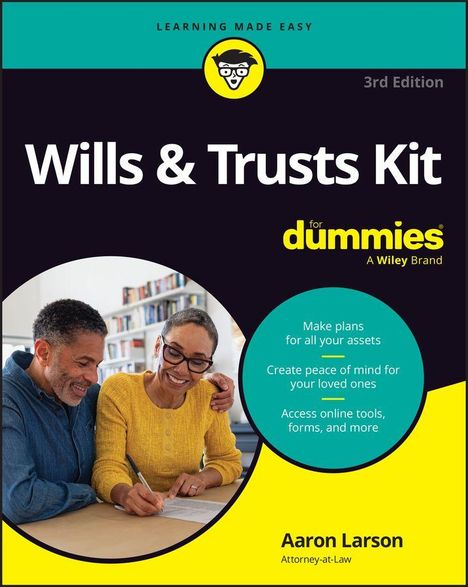 "Wills & Trusts Kit for dummies" steht auf einem Buchcover mit einem lächelnden Paar, das zusammen schreibt.