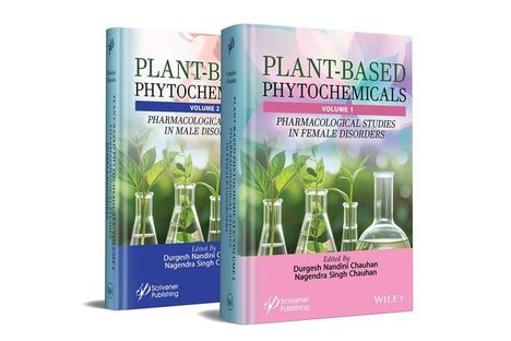 Zwei Bücher: "Plant-Based Phytochemicals", Band 1 für weibliche, Band 2 für männliche Leiden. Retorten und Blätter.
