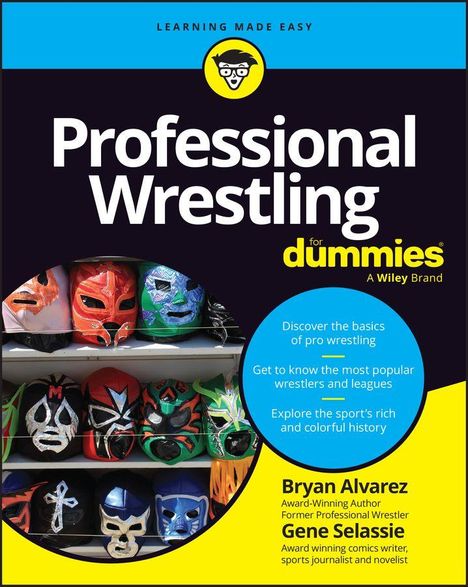 Text: "Professional Wrestling for dummies". Verschiedene bunte Wrestling-Masken in Regalen.