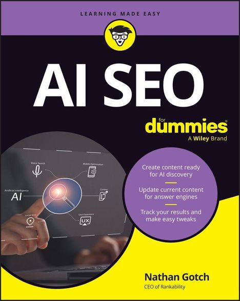 Text: AI SEO for dummies, Nathan Gotch, CEO of Rankability. Grafik: Finger zeigt auf AI-bezogene Icons auf Bildschirm.