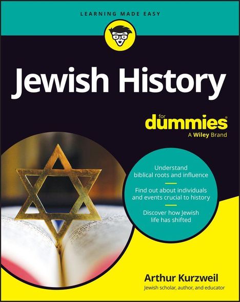 "Jewish History for Dummies." Gelb-schwarzes Design. Davidstern über Buchseite. Autor: Arthur Kurzweil.