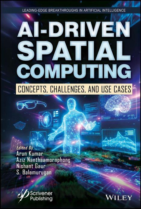 "AI-DRIVEN SPATIAL COMPUTING: CONCEPTS, CHALLENGES, AND USE CASES." Holografische, futuristische Darstellung einer Person.