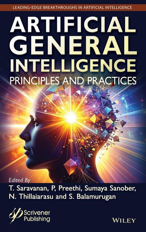 „ARTIFICIAL GENERAL INTELLIGENCE: PRINCIPLES AND PRACTICES“. Profil eines Kopfes mit leuchtenden geometrischen Formen.