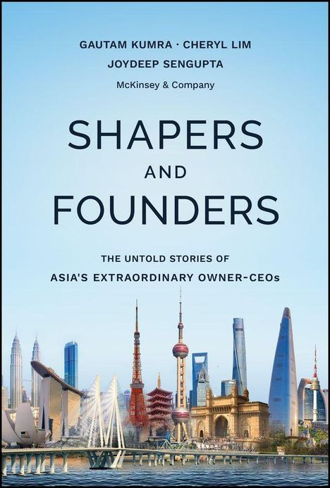 Buchtitel: "SHAPERS AND FOUNDERS". Skyline mit markanten Hochhäusern und Sehenswürdigkeiten.