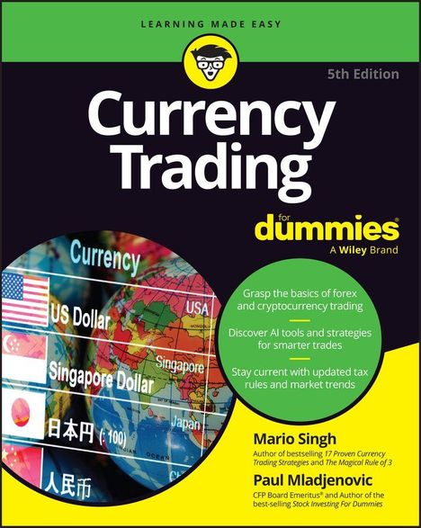 „Currency Trading for dummies“, 5. Edition. Text über Forex und Kryptowährungen. Globus und Währungstexte.