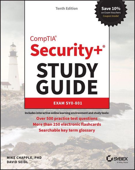 Tenth Edition, CompTIA Security+ STUDY GUIDE, EXAM SY0-801, über 500 Übungsfragen, Leuchtturm im Hintergrund.