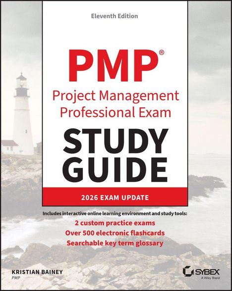 „PMP Project Management Professional Exam STUDY GUIDE 2026 EXAM UPDATE“. Ein Leuchtturm am Meer im Hintergrund.