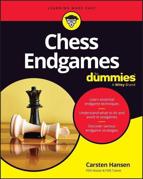 Text: "Chess Endgames for dummies", "Learning made easy", "Learn essential endgame techniques", "Carsten Hansen". Illustration: Schachfiguren.
