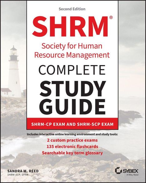 "SHRM Complete Study Guide" steht in großen Buchstaben, daneben ein Leuchtturm an einer felsigen Küste.